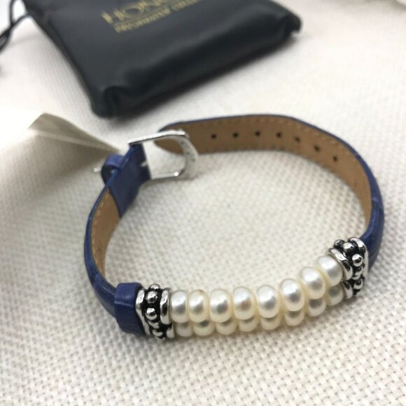 Vintage QVC Honora Double Row Pearl Blue Genuine Leather Buckle Bracelet - Picture 3 of 10